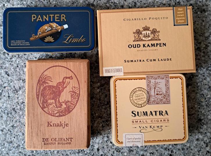4 oude sigarenblikjes sigarenkistjes sigarendoosjes, Verzamelen, Rookartikelen, Aanstekers en Luciferdoosjes, Gebruikt, Tabaksdoos of Verpakking