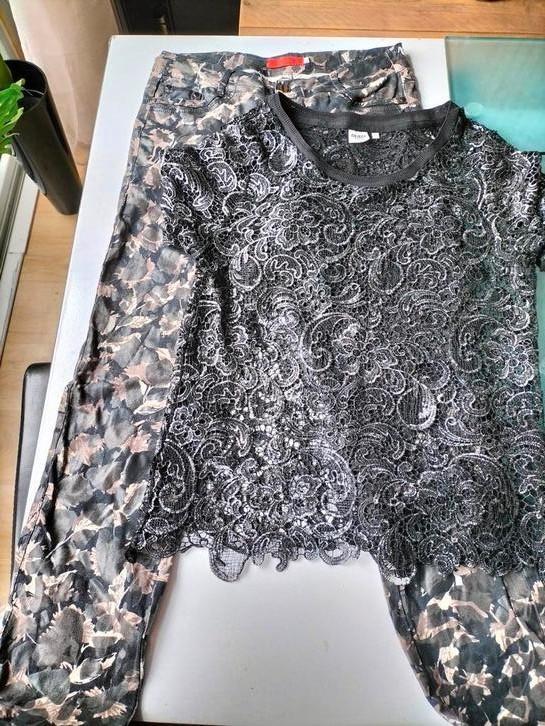 Chique set top/broek kant zilver maat L/42, Kleding | Dames, Spijkerbroeken en Jeans, Zo goed als nieuw, W33 - W36 (confectie 42/44)