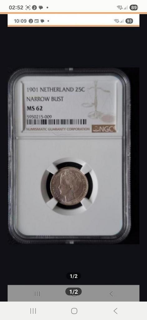 25 Cent (Kwartje) 1901 Brede Hals MS62 by NGC. Zeldzaam., Postzegels en Munten, Munten | Nederland, Losse munt, 25 cent, Koningin Wilhelmina