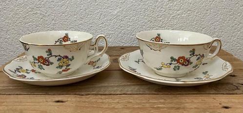 2 beeldige Engelse kop en schotels + vogel kop en schotels, Antiek en Kunst, Antiek | Servies los, Ophalen of Verzenden