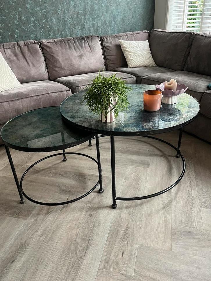 2 mooie, glazen industriële salontafels, Huis en Inrichting, Tafels | Salontafels, Zo goed als nieuw, Minder dan 50 cm, 50 tot 100 cm