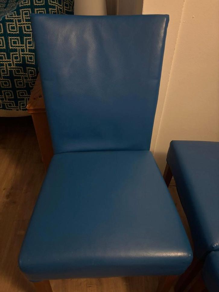 Bert Plantagie, 6 eetkamerstoelen., Huis en Inrichting, Stoelen, Gebruikt, Vijf, Zes of meer stoelen, Hout, Leer, Blauw, Ophalen