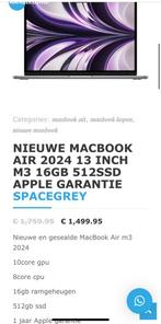 Nieuwe MacBook Air m3 16gb 2024 512ssd geseald met garantie, Computers en Software, Apple Macbooks, Nieuw, MacBook Air, Onbekend