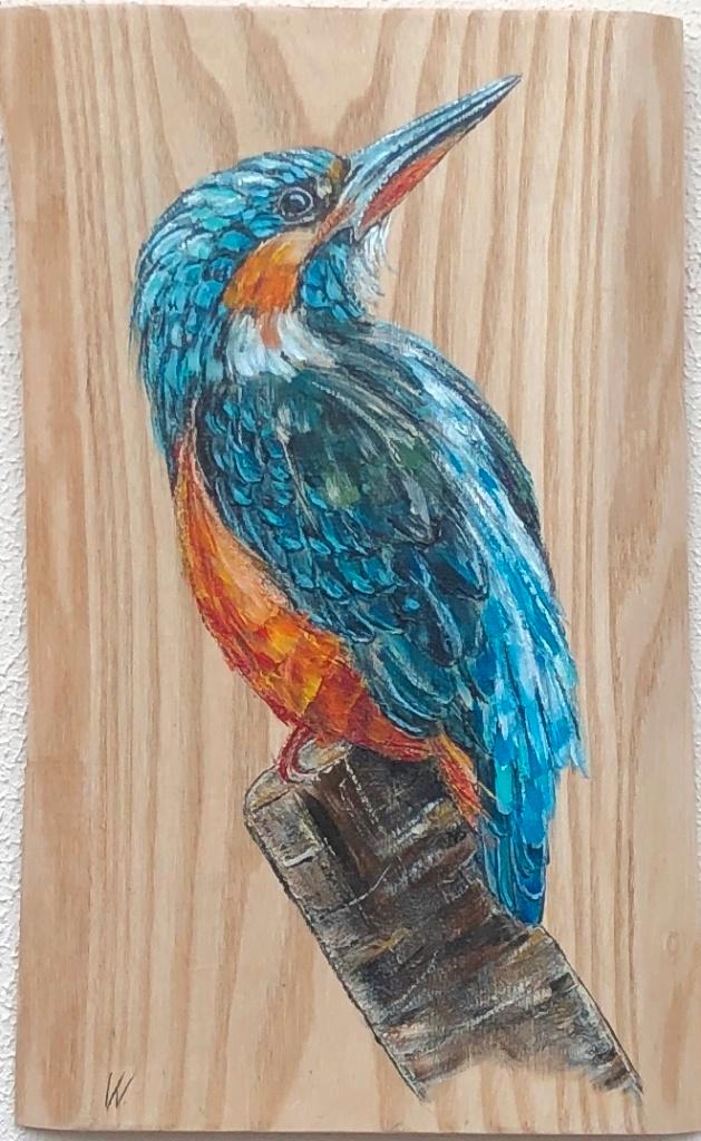 Schilderij ijsvogel op natuurlijk hout, Antiek en Kunst, Kunst | Schilderijen | Modern, Verzenden