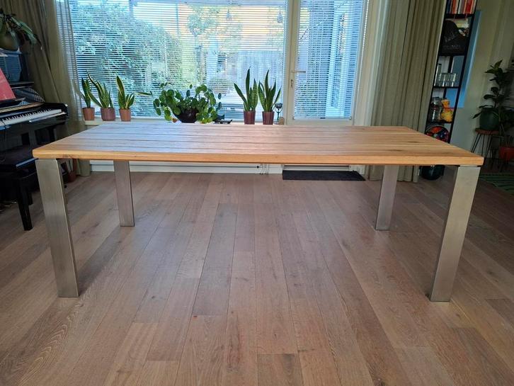 Eettafel 200x90 rvs poten, Huis en Inrichting, Tafels | Eettafels, Gebruikt, 50 tot 100 cm, 200 cm of meer, Rechthoekig, Eikenhout