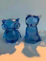 Vintage blauwe glazen figuren - uil en kat, Ophalen of Verzenden, Gebruikt