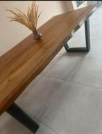 Boomstam eettafel, salontafel eiken & leren stoelen, 100 tot 150 cm, Eikenhout, Ophalen of Verzenden, Zo goed als nieuw