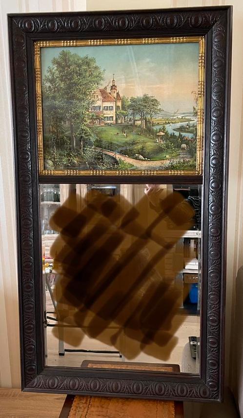 Antieke Duitse spiegel met oleografie, eind 19de eeuw, Antiek en Kunst, Antiek | Spiegels, Minder dan 100 cm, Rechthoekig, Ophalen