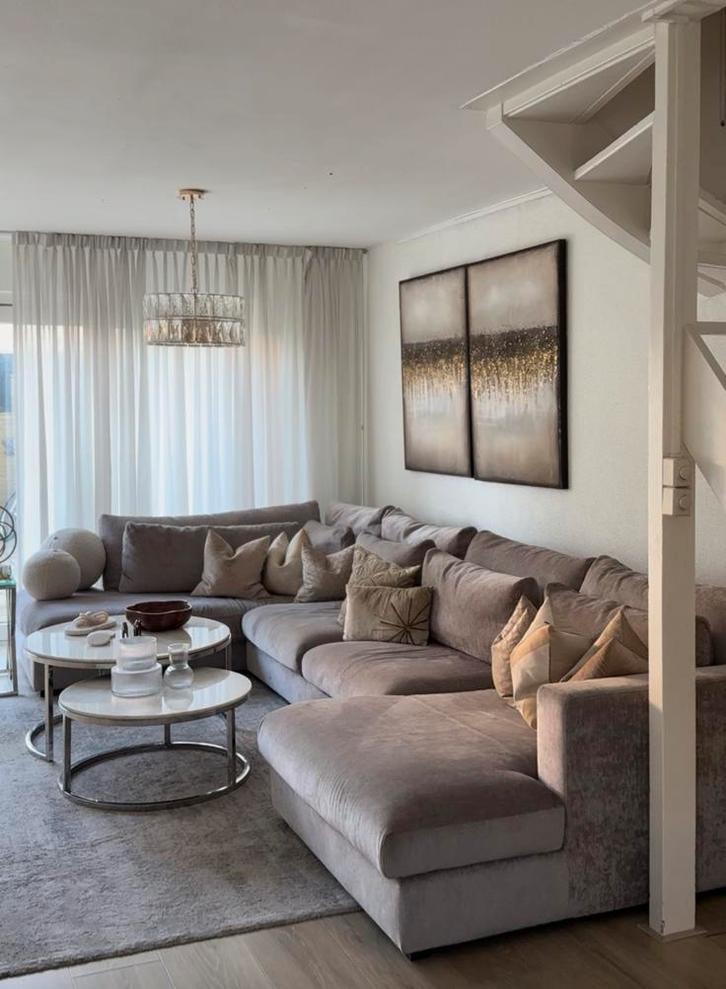 U- bankstel in kleur greige 100% ganzen dons, Huis en Inrichting, Banken | Complete zithoeken, Zo goed als nieuw, Stof, Ophalen of Verzenden