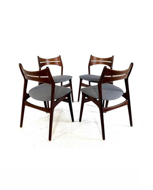 4x vintage Deense stoelen, model No. 310, Erik Buch ‘60, Huis en Inrichting, Stoelen, Zo goed als nieuw, Vier, Hout, Stof, Bruin