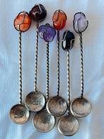 6 vintage lepeltjes zilver met edelstenen incl. lepeldoosje, Ophalen of Verzenden, Zilver