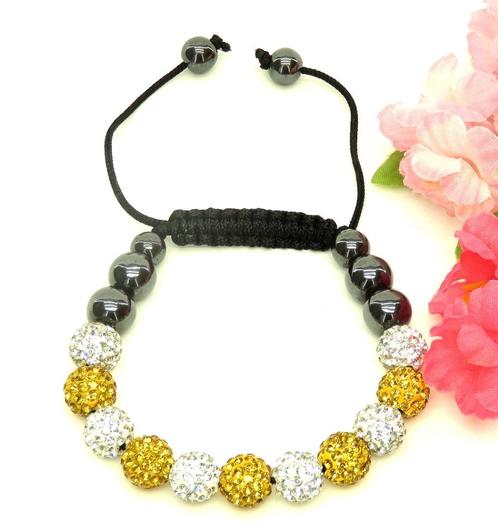 Shamballa armband met wit en goud strass stenen., Sieraden, Tassen en Uiterlijk, Armbanden, Nieuw, Overige materialen, Wit, Met bedels of kralen
