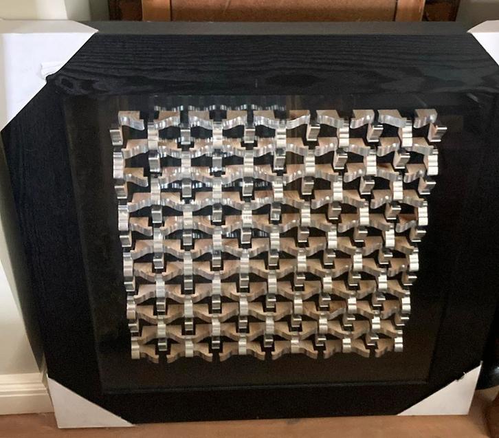 Kunstwerk wand decoratie met 3d patroon van houten blokjes, Huis en Inrichting, Woonaccessoires | Wanddecoraties, Zo goed als nieuw