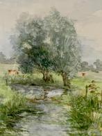 Prachtige aquarel van C. v.d. Heuvel, knotwilgen en koeien, Antiek en Kunst, Kunst | Schilderijen | Klassiek, Ophalen