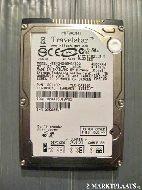 Hitachi 40GB 2,5" IDE laptop harddisk weinig draaiuren, Computers en Software, Harde schijven, Zo goed als nieuw, Laptop, Intern