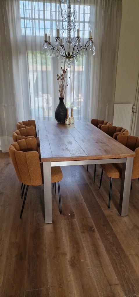 Massief eiken eettafel 220x100 RVS onderstel, Huis en Inrichting, Tafels | Eettafels, Gebruikt, 50 tot 100 cm, 200 cm of meer