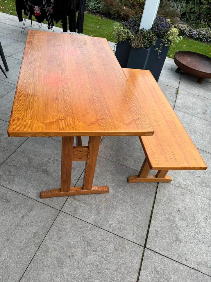 Vintage 60s Pine Scandinavische bank tafel design hout, Huis en Inrichting, Tafels | Eettafels, Gebruikt, 50 tot 100 cm, Rechthoekig