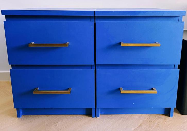 2 IKEA MALM nachtkastjes (unieke blauwe uitvoering), Huis en Inrichting, Kasten | Ladekasten, Gebruikt, Minder dan 100 cm, 50 tot 100 cm