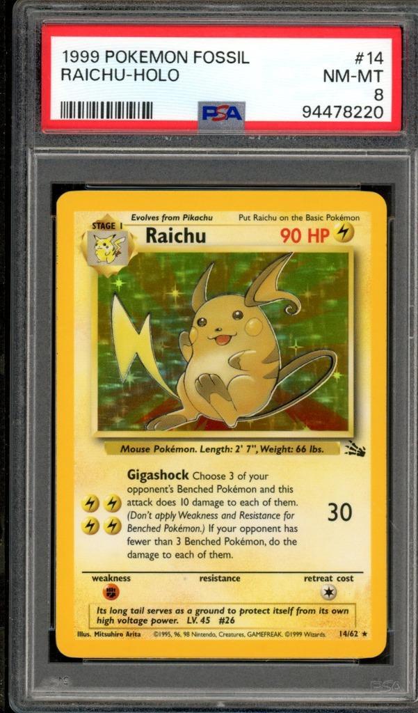 Raichu Holo PSA 8 - 14/62 - Fossil 1999, Hobby en Vrije tijd, Verzamelkaartspellen | Pokémon, Zo goed als nieuw, Losse kaart, Foil