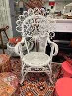 Vintage pauwenstoel, witte rotan stoel, serrestoel, Boho, Ophalen of Verzenden