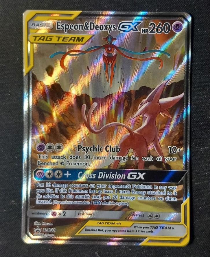 Espeon & Deoxys GX - Sun & Moon promo SM240, Hobby en Vrije tijd, Verzamelkaartspellen | Pokémon, Zo goed als nieuw, Losse kaart