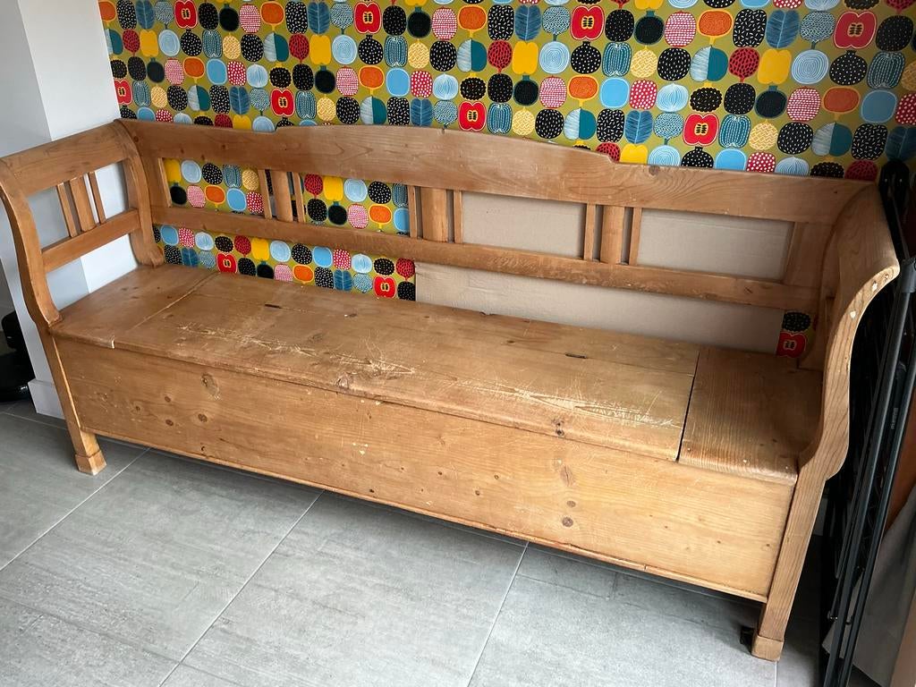 Antieke grenen klepbank - 1.98m lang, Ophalen of Verzenden