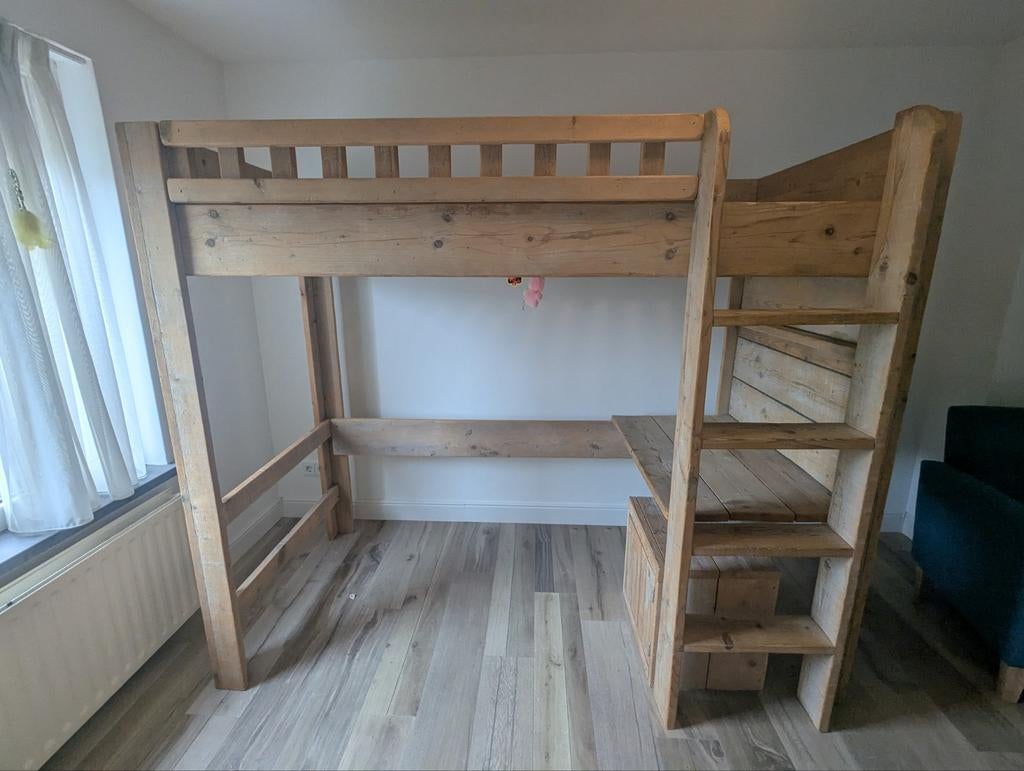 Steigerhouten hoogslaper en bijbehorende kasten, Ophalen, Gebruikt, Eenpersoons, 200 cm