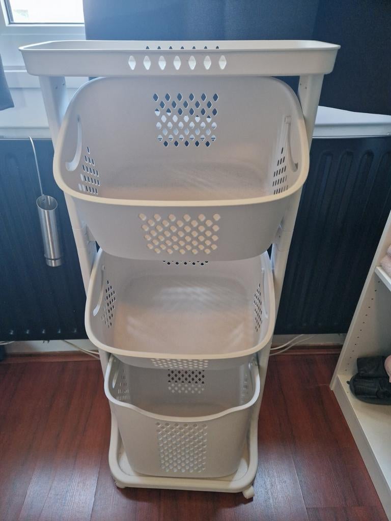 Wasmand op wielen, 3 compartimenten, wit, Ophalen, Gebruikt, Kunststof, Modern