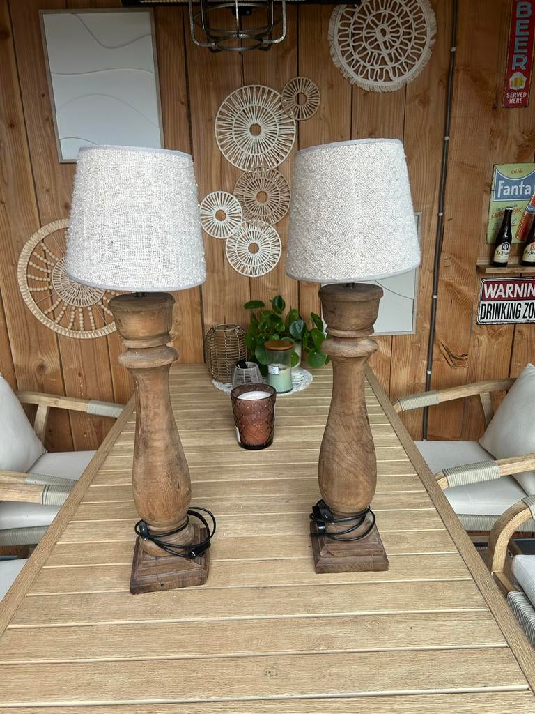 Set van 2 houten tafellampen met stoffen kap, Ophalen of Verzenden, Gebruikt, Hout, 50 tot 75 cm