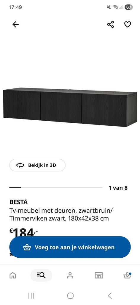 Ikea Besta tv kast zwart bruin 180x42x38, Huis en Inrichting, Kasten | Televisiemeubels, Ophalen, Gebruikt, 150 tot 200 cm, Minder dan 100 cm