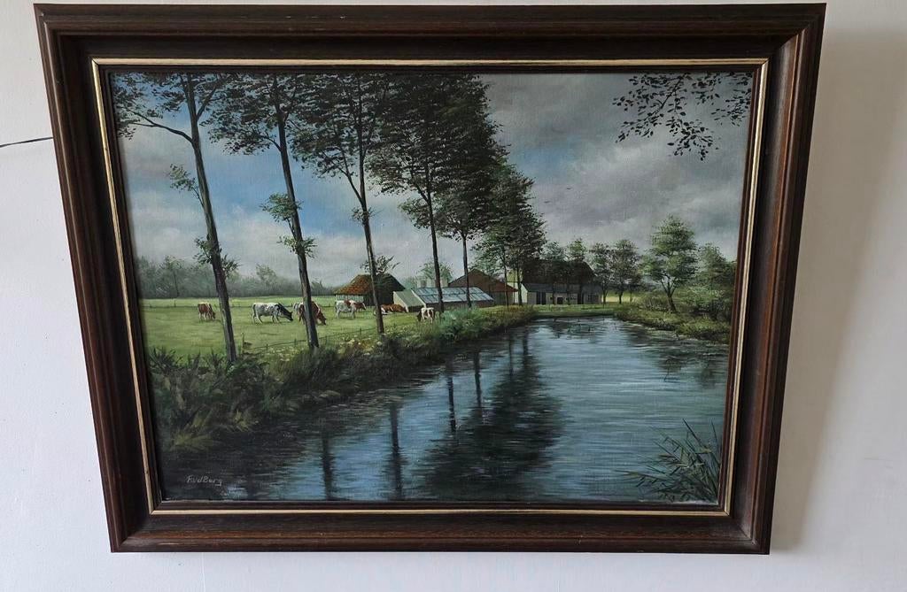 Schilderij Frank vd Burg - Hollands Landschap met Koeien, Ophalen of Verzenden