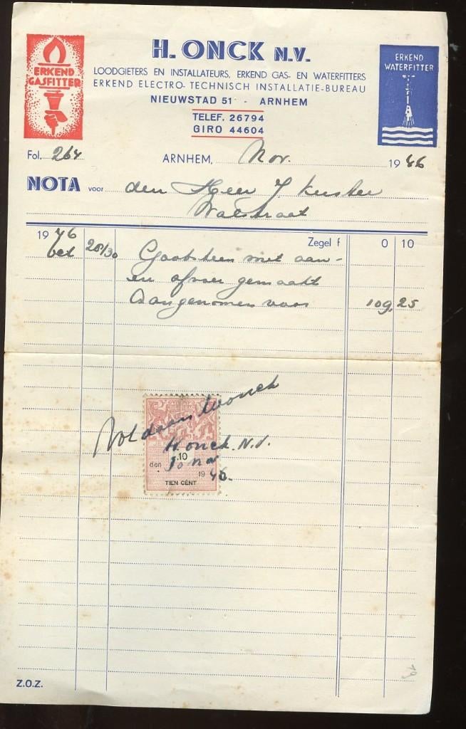 1946 Arnhem Loodgieter H. Onck Nieuwstad 51 (VK-93), Verzamelen, Ophalen, Gebruikt