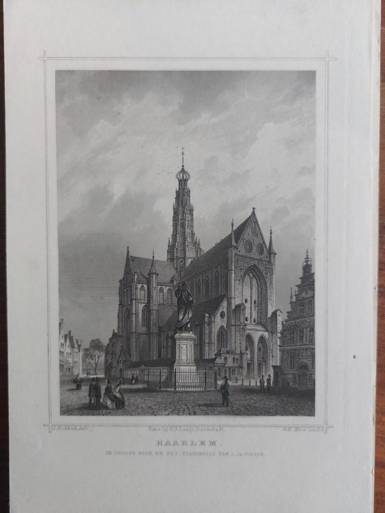 22 / Grote kerk en standbeeld Coster Haarlem Gravure 1858, Antiek en Kunst, Kunst | Etsen en Gravures, Ophalen of Verzenden