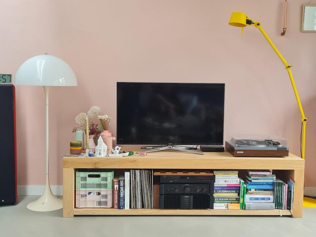 Eikenhouten tv meubel, Ophalen, Gebruikt, 150 tot 200 cm, Eikenhout