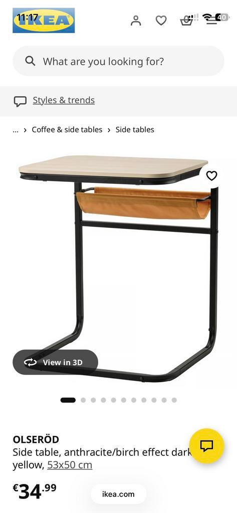 IKEA OLSERÖD bijzettafel - Antraciet/Berken effect, 55 tot 75 cm, Zo goed als nieuw, Rechthoekig, Hout