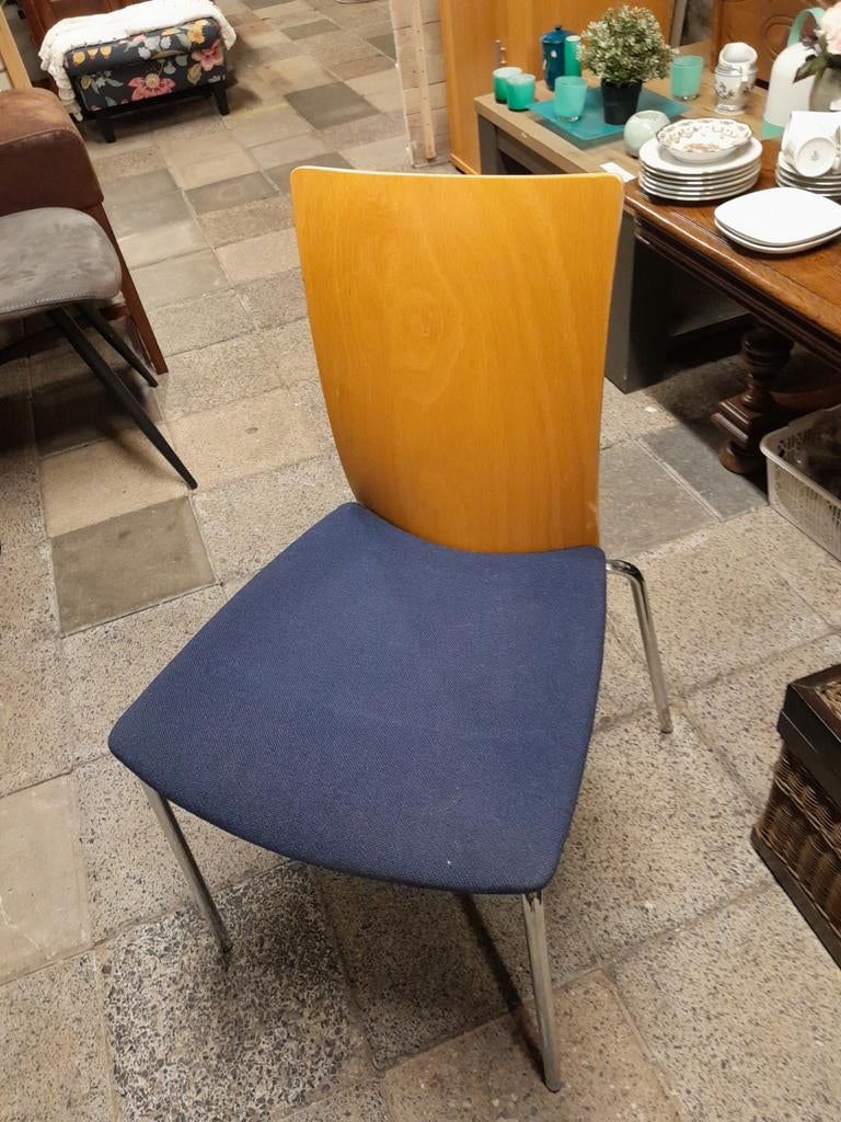 6 mooie eetkamerstoelen stapelbaar, Ophalen, Gebruikt, Blauw, Stof
