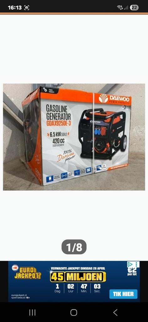 Daewoo agregaat 6.5 kw, Doe-het-zelf en Verbouw, Aggregaten, Ophalen, Nieuw, 5 tot 10 kVA, Benzine