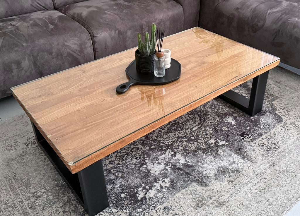 Rechthoekige salontafel Romaro – teakhout – incl. glasplaat, Ophalen, 100 tot 150 cm, Teakhout, 50 tot 100 cm