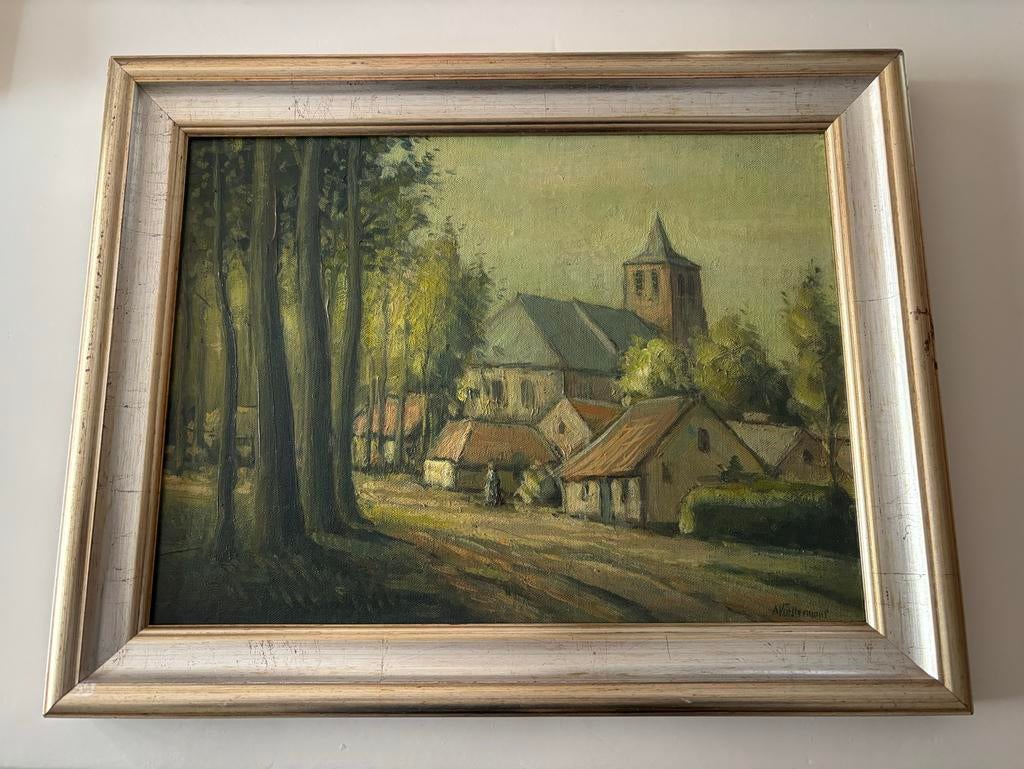 Schilderij: Dorpsgezicht met kerk en bomen (A. Vostermans), Antiek en Kunst, Kunst | Schilderijen | Klassiek, Ophalen