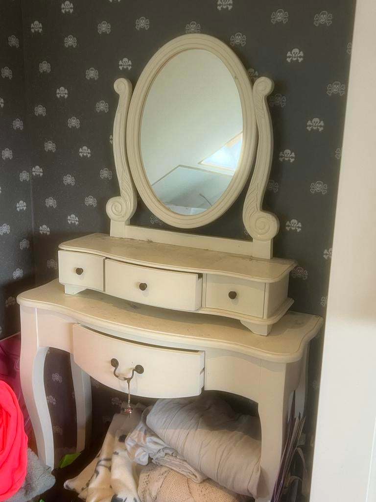 Vintage Make-up Tafel met Spiegel en Lades, Ophalen, Gebruikt, 100 tot 150 cm, 50 tot 100 cm