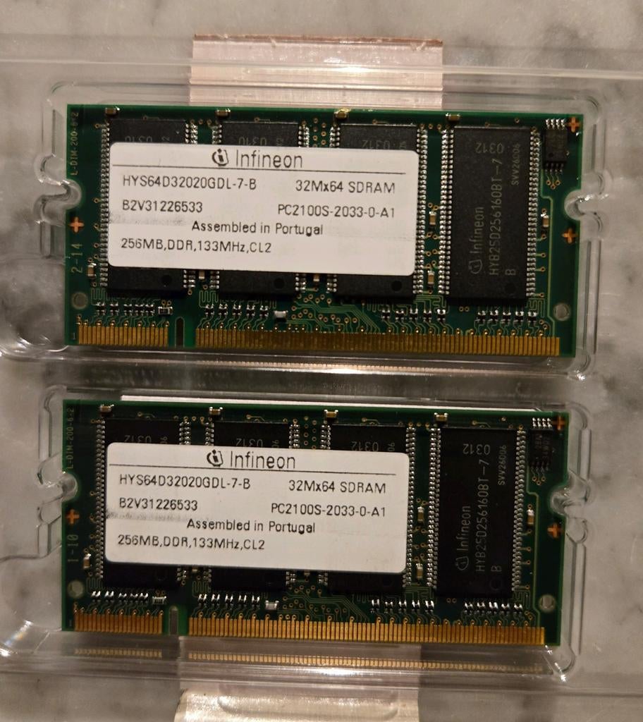 2 x 256mb, DDR, 133mhz "sodim Ram geheugen" Infineon, Computers en Software, RAM geheugen, 1 GB of minder, Verzenden, Laptop, DDR