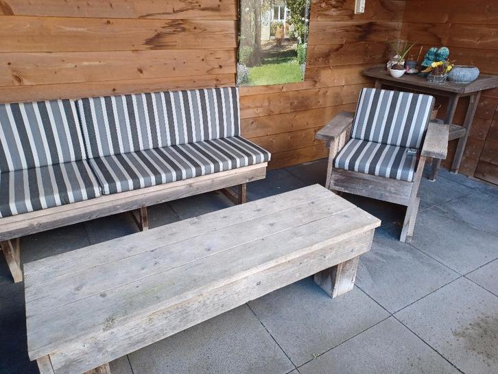 Houten lounge set, Tuin en Terras, Tuinsets en Loungesets, Gebruikt, Loungeset, Hout, 5 zitplaatsen, Bank, Bijzettafel, Stoel