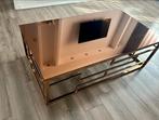 Moderne salontafel met gouden frame en glazen blad, Huis en Inrichting, Tafels | Salontafels, Ophalen, Gebruikt, 100 tot 150 cm
