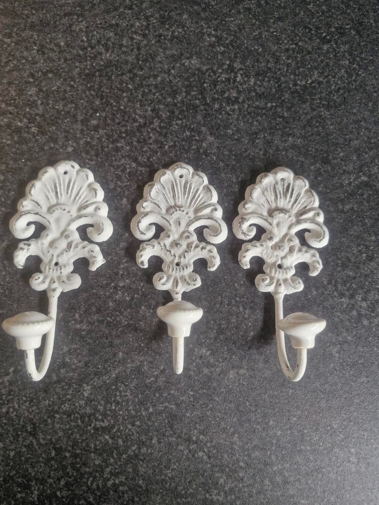 Set van 3 Brocante Wandhaken - Wit Gietijzer, Ophalen of Verzenden