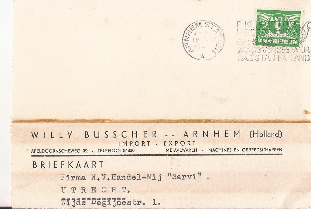 ARNHEM 1941 Willy BUSSCHER Im- Export Metaalwaren Machines, Ophalen of Verzenden, 1940 tot 1960, Gelopen, Gelderland