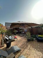 Zweefparasol beige 3x3m met granieten voet, Ophalen, Gebruikt, 3 tot 4 meter, Zweefparasol