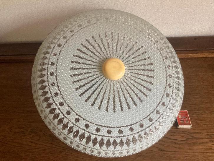 Vintage bohemian plafonièrre geribbeld decoratief wit glas, Huis en Inrichting, Lampen | Plafondlampen, Zo goed als nieuw, Glas