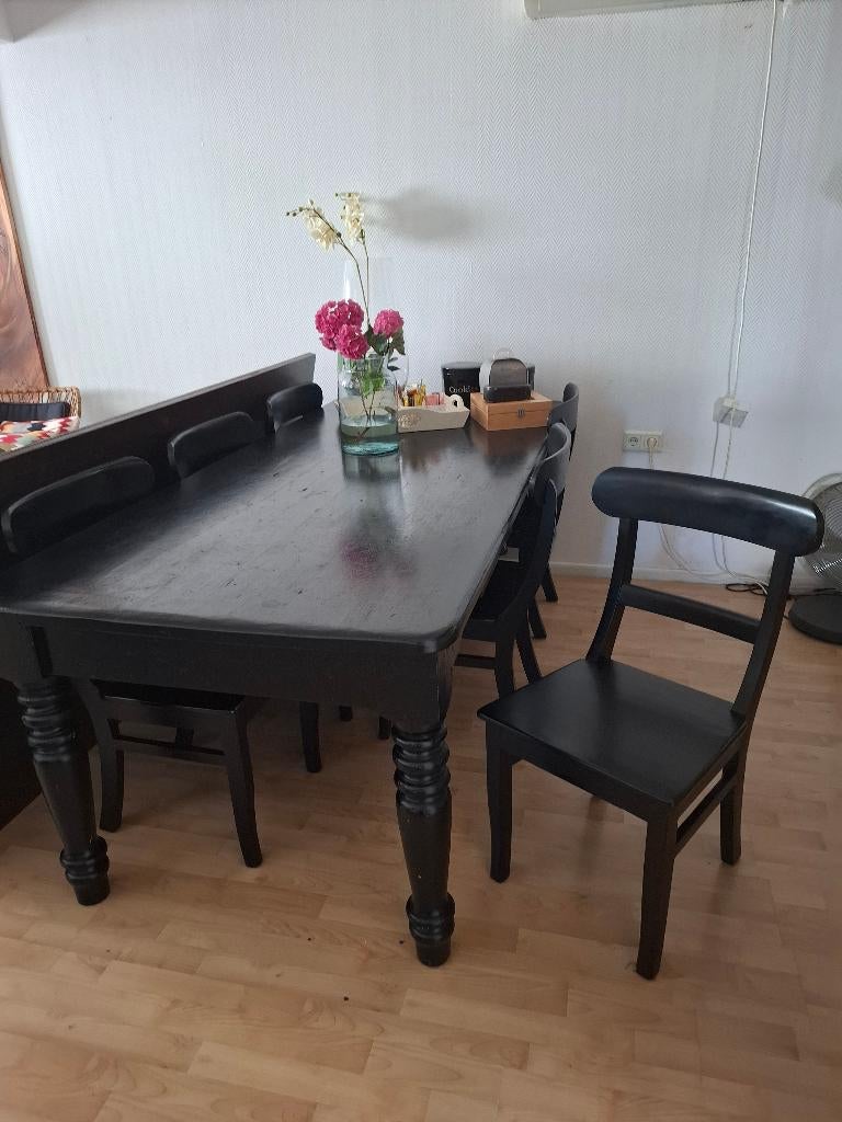6 Stoelen met eettafel (grenen) - zwart, Huis en Inrichting, Ophalen, Gebruikt, Vijf, Zes of meer stoelen, Hout