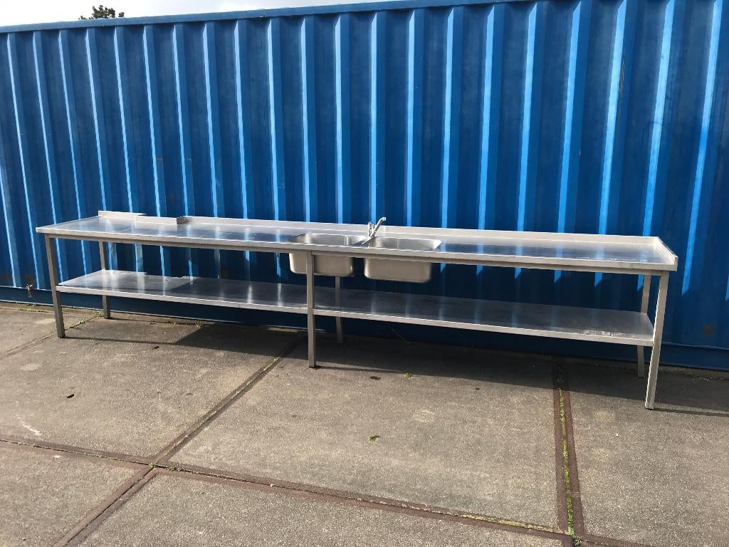 RVS dubbele spoelbak werktafel super lang 4m51, Doe-het-zelf en Verbouw, Werkbanken, Zo goed als nieuw, Ophalen
