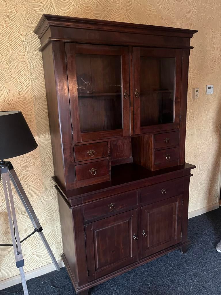 Houten buffetkast met glazen deuren en lades, Ophalen, 100 tot 150 cm, 200 cm of meer, Zo goed als nieuw